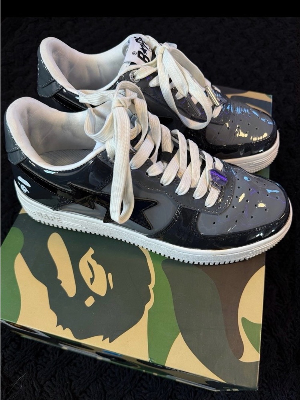 A Bathing Ape Bape Sta Low M2 Patent Leather Sneakers in Black & Gray